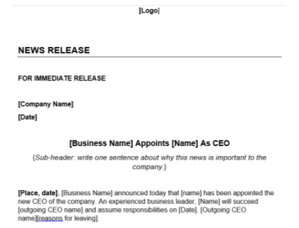 Ceo Announcement Press Release Template Download