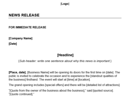 Grand Opening Press Release Template Download