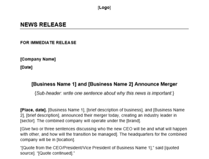 Merger Press Release Template Download