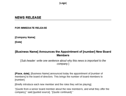 New Board Member Press Release Template Download